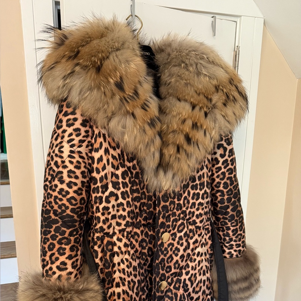 Leopard Print Real Fur Trim Coat